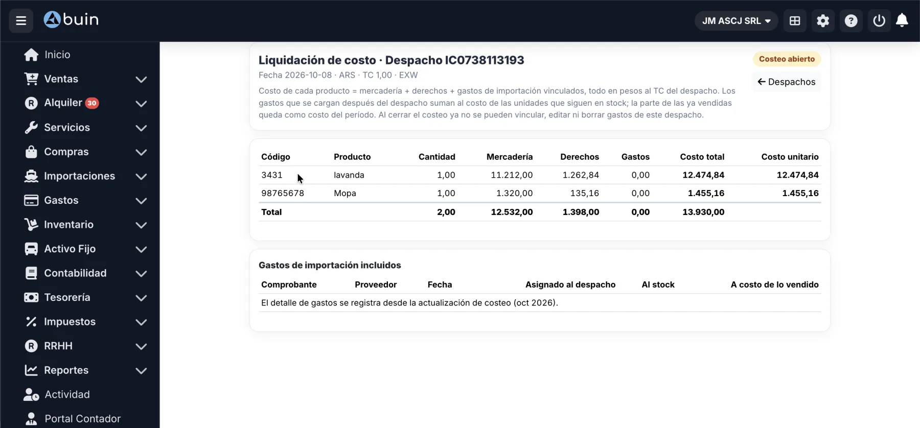Liquidación de costo de despacho de importación en Buin con costo total y unitario