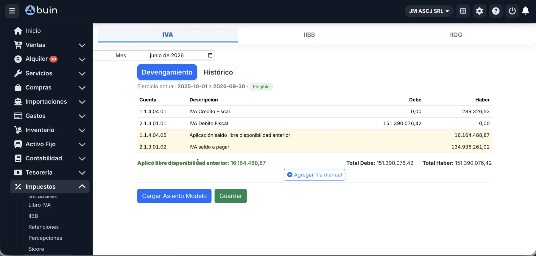 Devengamiento de IVA en Buin con aplicación de saldo libre disponibilidad anterior y asiento contable balanceado